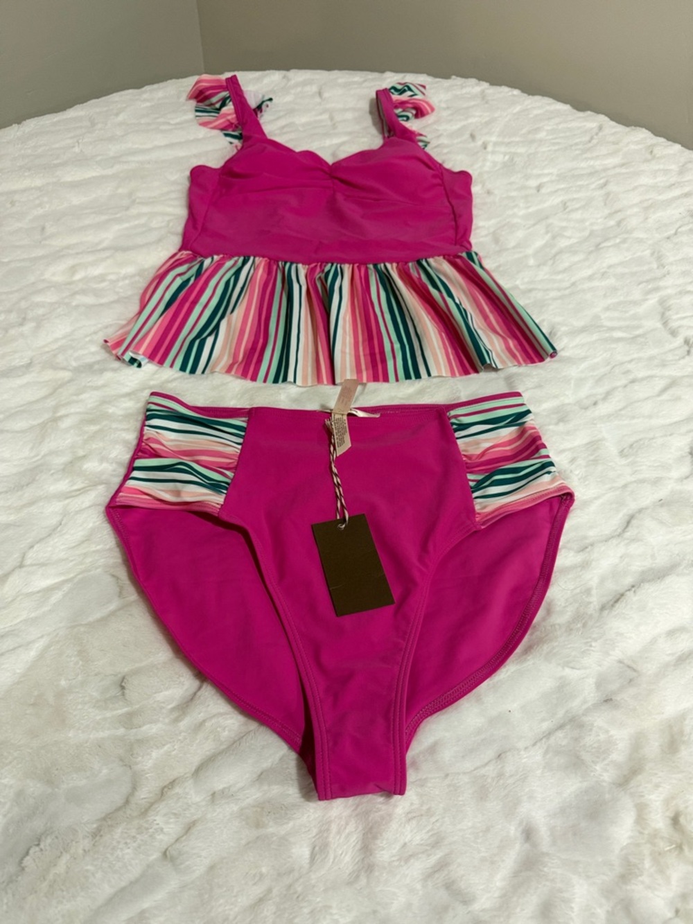 Matilda Jane Two-Piece Ruffled Tankini with Multicolor Stripes Size M.